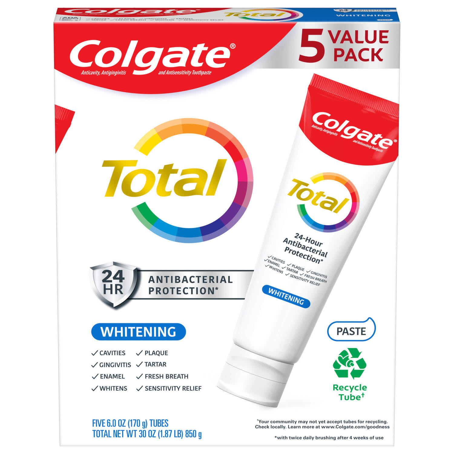 Colgate Total Whitening Toothpaste, 6 oz., 5 pk.